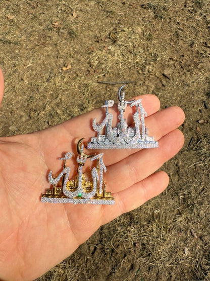 HarlemBling MOISSANITE Holy City Mecca & Allah Pendant - 14k Gold Vermeil or 925 Silver - Medium 2"