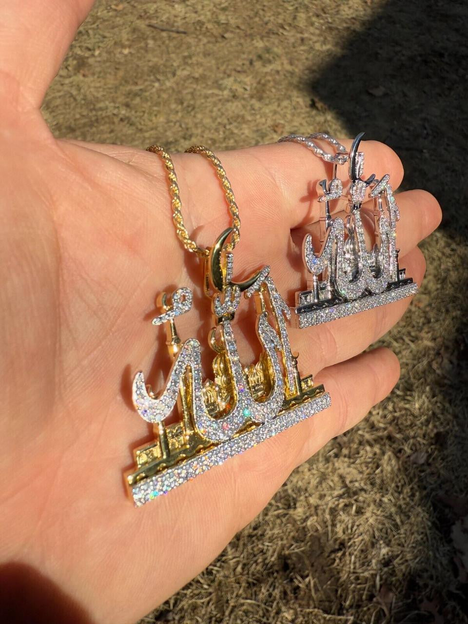 HarlemBling MOISSANITE Holy City Mecca & Allah Pendant - 14k Gold Vermeil or 925 Silver - Medium 2"