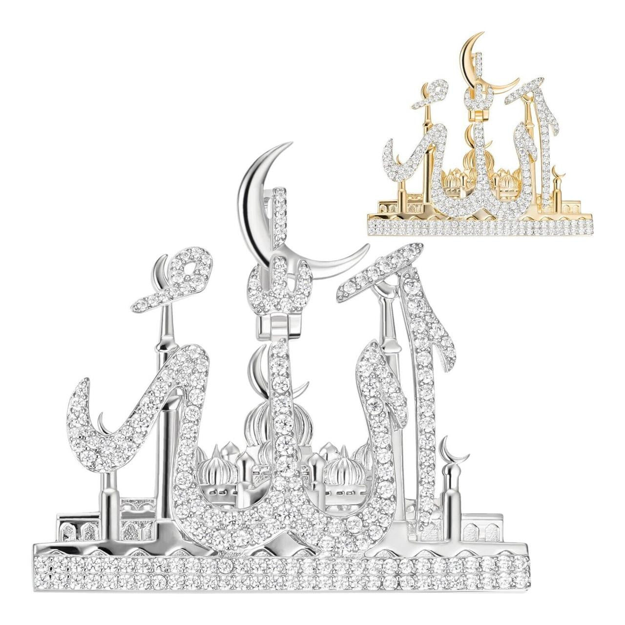 HarlemBling MOISSANITE Holy City Mecca & Allah Pendant - 14k Gold Vermeil or 925 Silver - Medium 2"