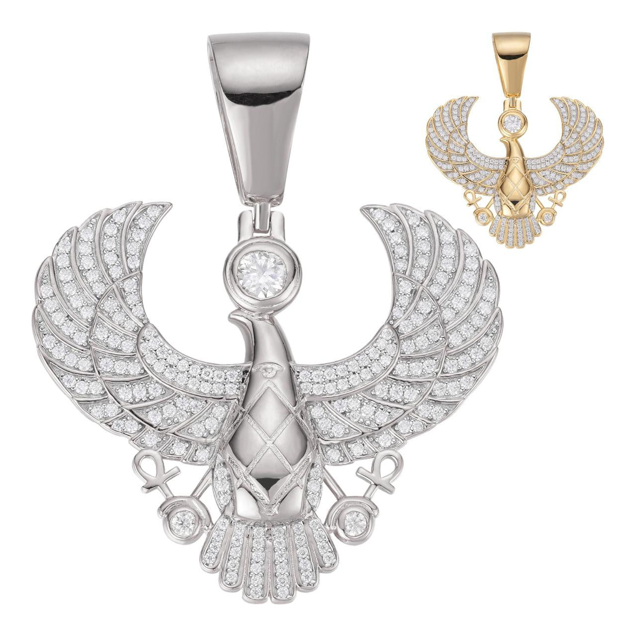 HarlemBling MOISSANITE Horus W. Ankh Pendant - 14k Gold Vermeil Or 925 Silver - Medium 2"