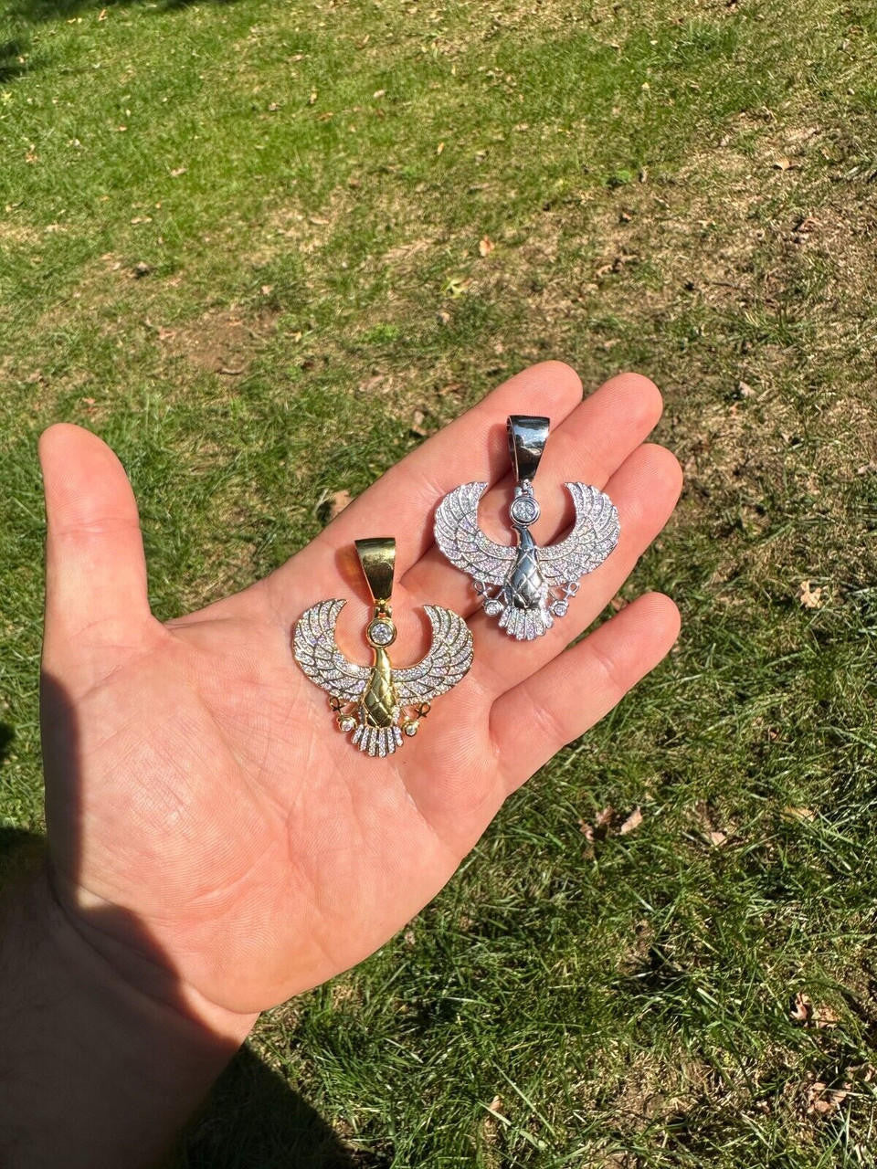 HarlemBling MOISSANITE Horus W. Ankh Pendant Real 925 Silver / Gold Iced Egyptian Necklace