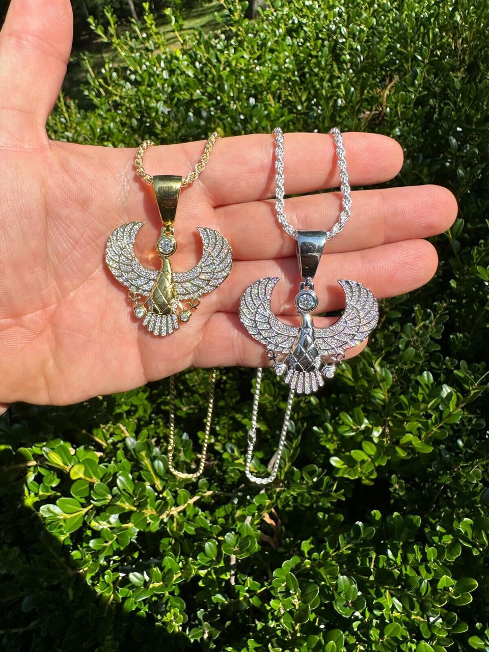 HarlemBling MOISSANITE Horus W. Ankh Pendant Real 925 Silver / Gold Iced Egyptian Necklace