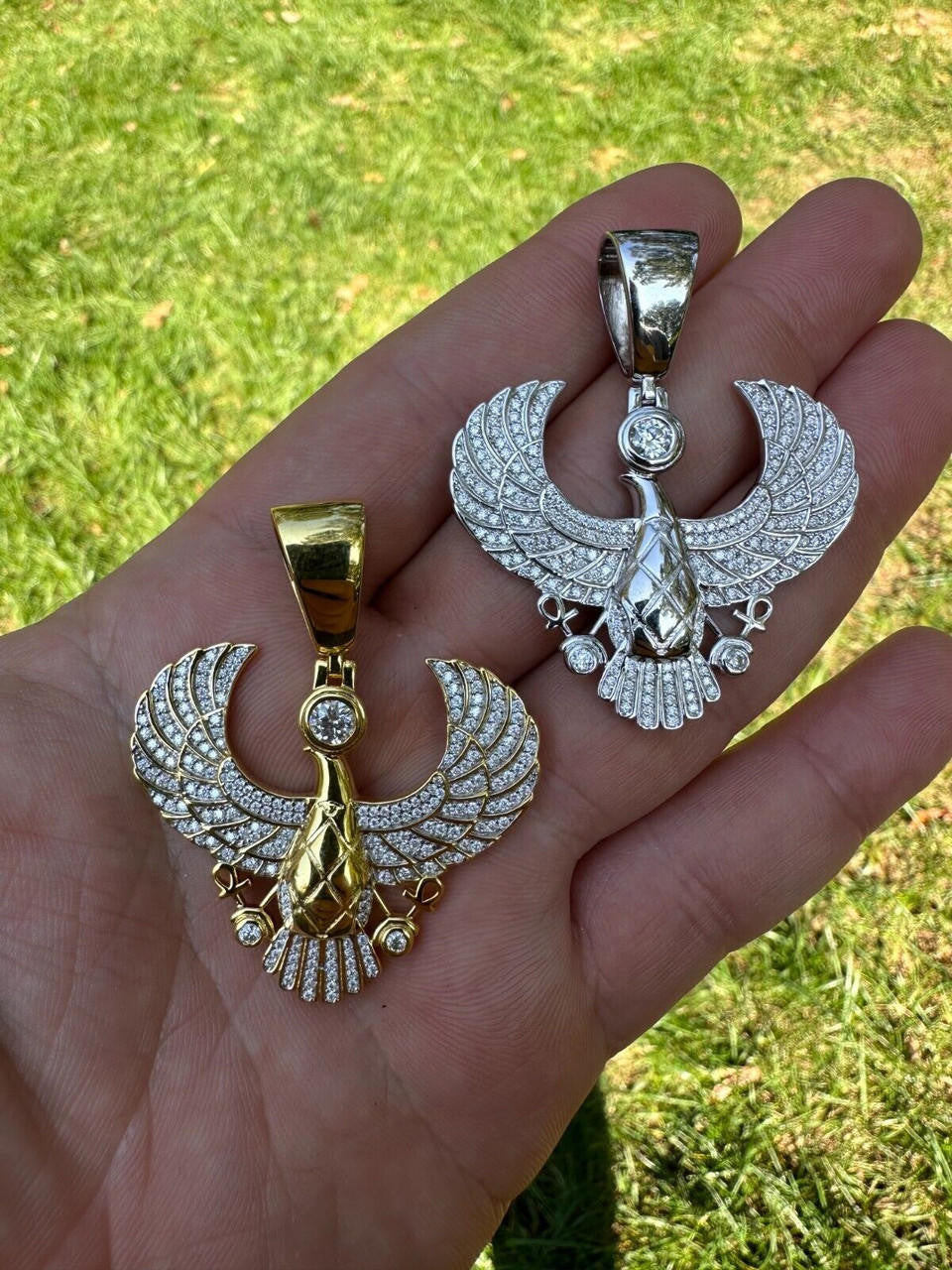 HarlemBling MOISSANITE Horus W. Ankh Pendant Real 925 Silver / Gold Iced Egyptian Necklace