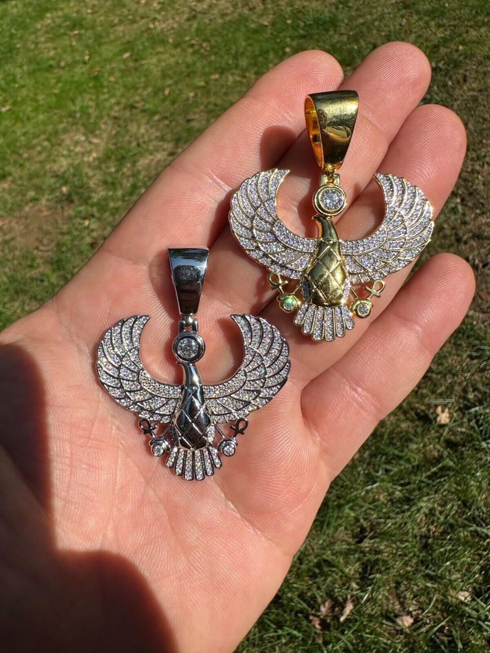 HarlemBling MOISSANITE Horus W. Ankh Pendant Real 925 Silver / Gold Iced Egyptian Necklace