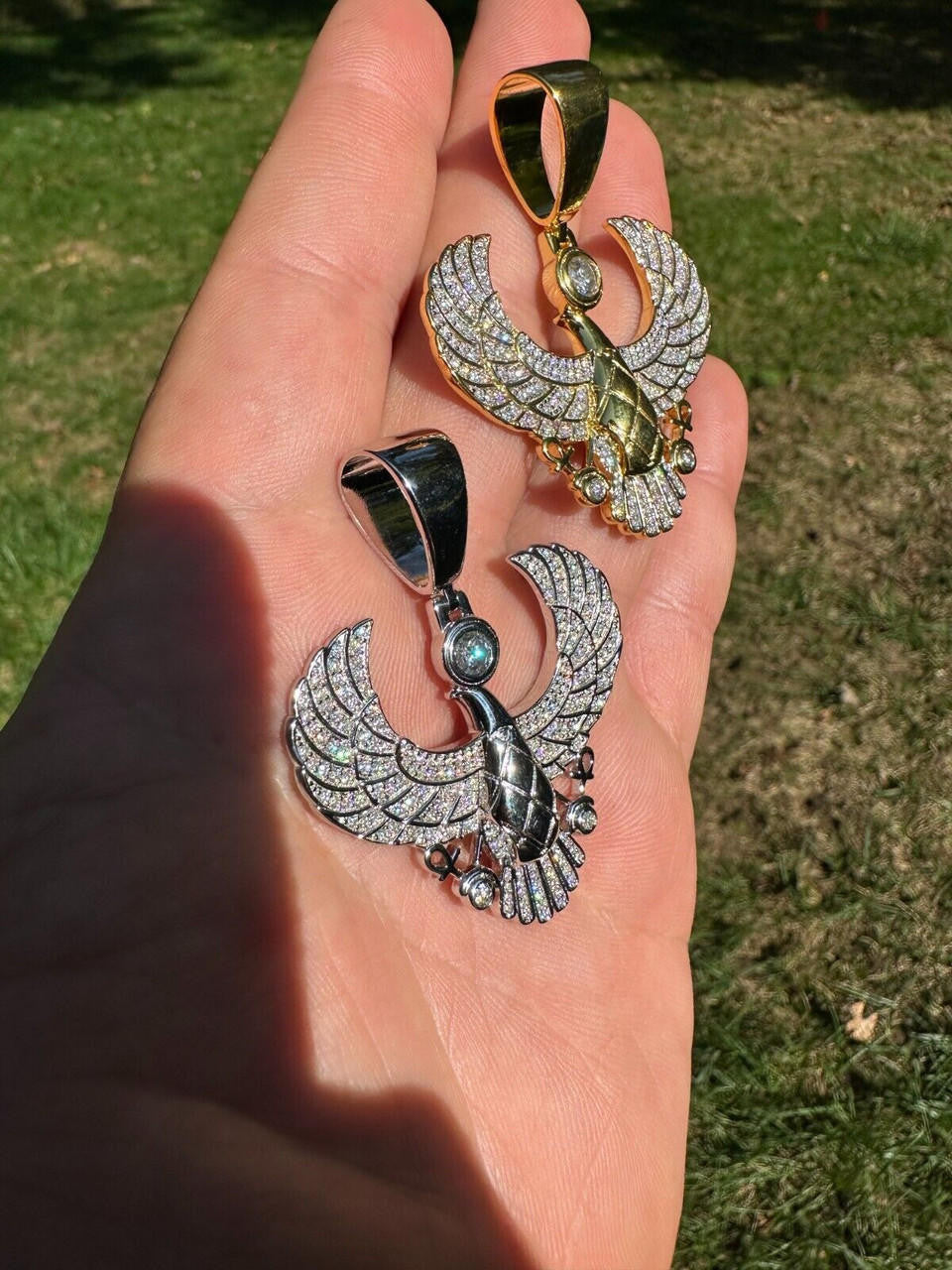 HarlemBling MOISSANITE Horus W. Ankh Pendant Real 925 Silver / Gold Iced Egyptian Necklace