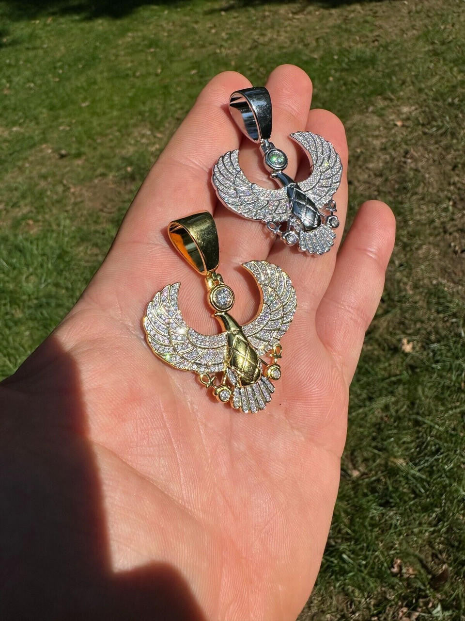 HarlemBling MOISSANITE Horus W. Ankh Pendant Real 925 Silver / Gold Iced Egyptian Necklace