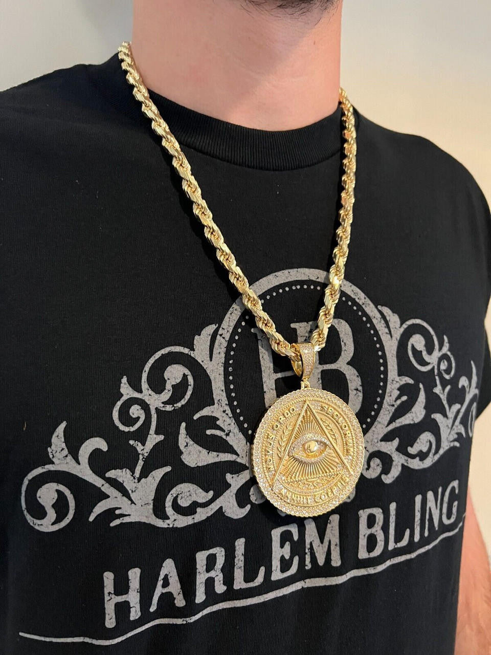 HarlemBling MOISSANITE Huge 3" All Seeing Illuminati Eye Masonic Medallion Necklace Silver