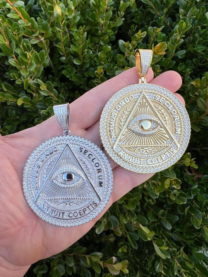 HarlemBling MOISSANITE Huge 3" All Seeing Illuminati Eye Masonic Medallion Necklace Silver