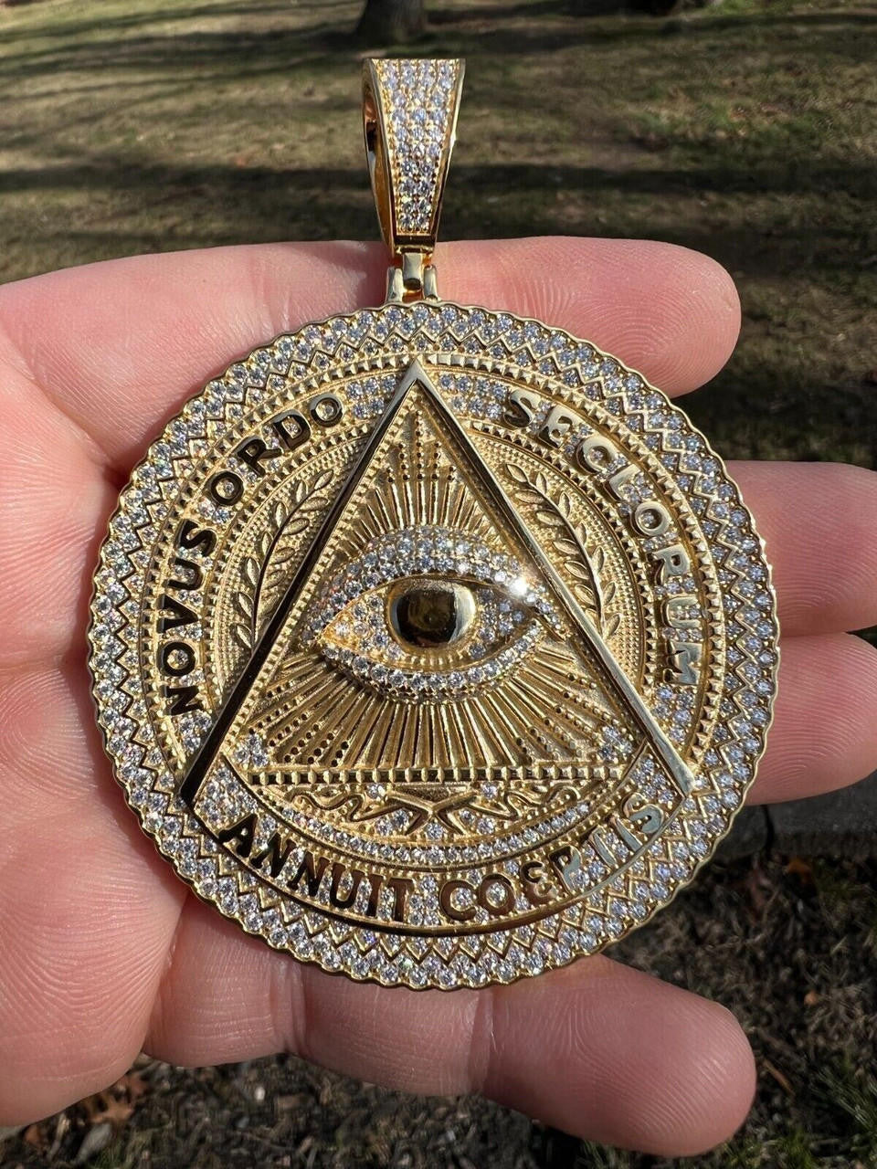 HarlemBling MOISSANITE Huge 3" All Seeing Illuminati Eye Masonic Medallion Necklace Silver