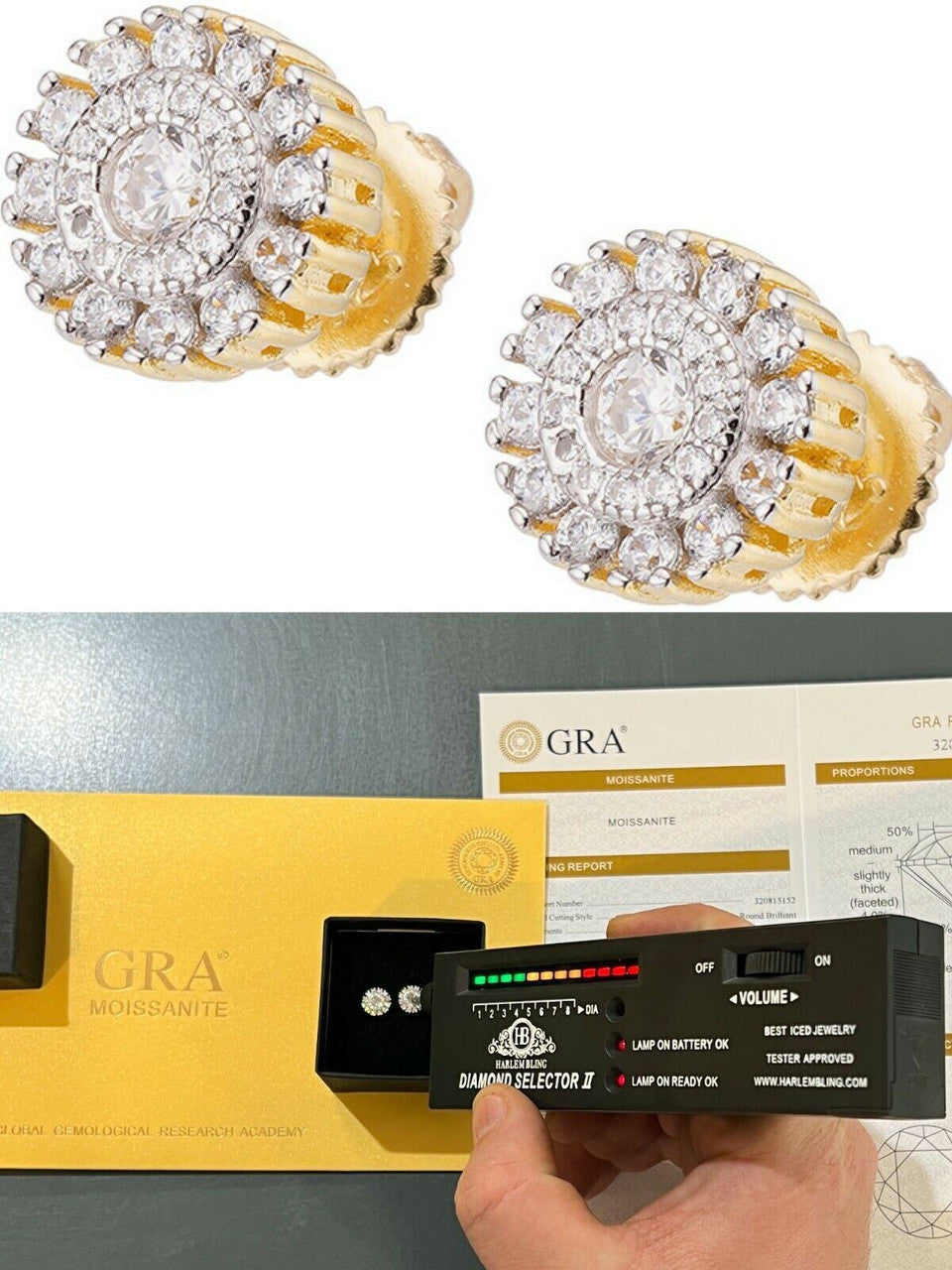 HarlemBling MOISSANITE Iced 14k Gold Vermeil Out 8mm Earrings Round Studs Pass Diamond Test