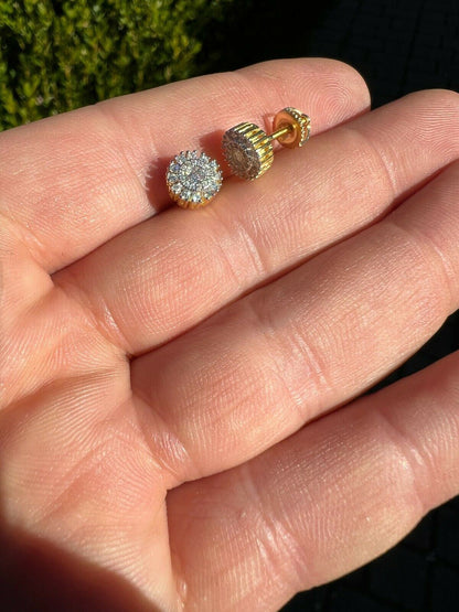 HarlemBling MOISSANITE Iced 14k Gold Vermeil Out 8mm Earrings Round Studs Pass Diamond Test