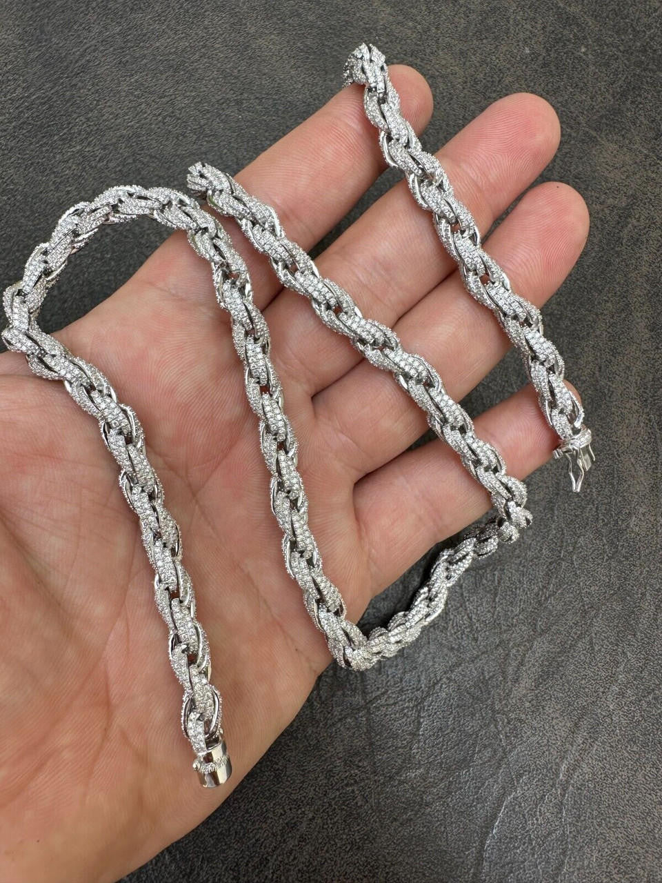 HarlemBling MOISSANITE Iced 7.5mm Rope Chain Necklace Real 925 Silver Men's Hip Hop 16-28"