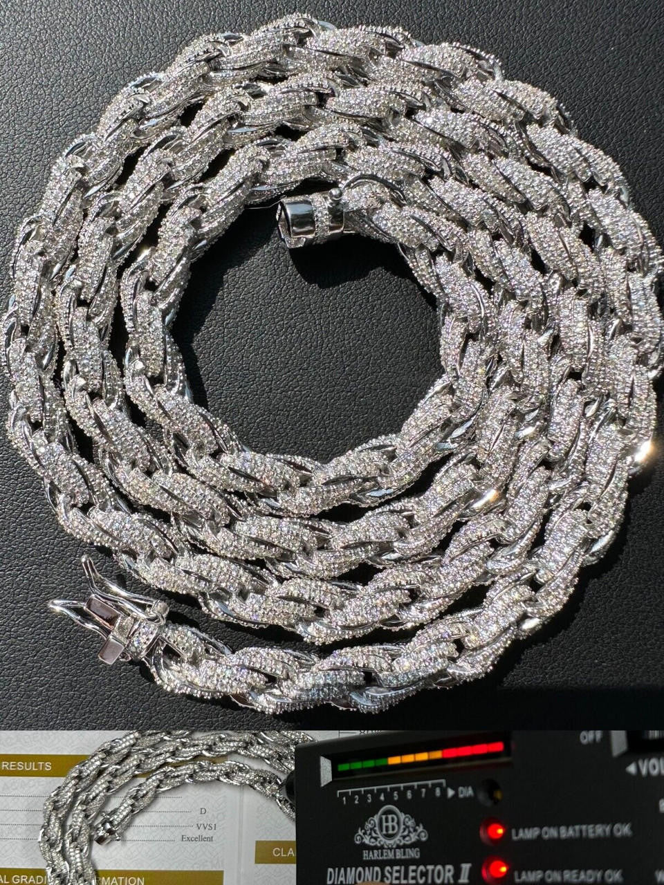 HarlemBling MOISSANITE Iced 7.5mm Rope Chain Necklace Real 925 Silver Men's Hip Hop 16-28"