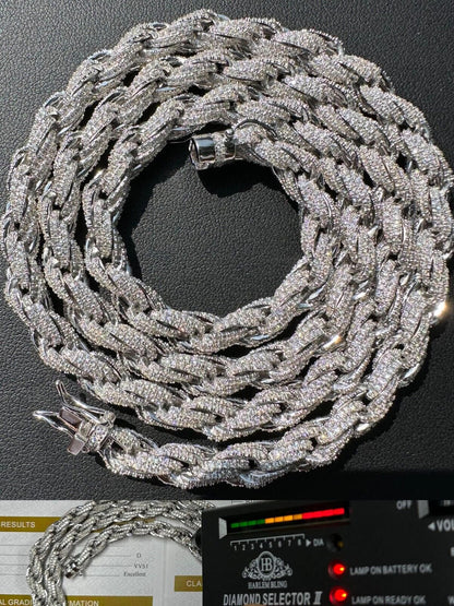 HarlemBling MOISSANITE Iced 7.5mm Rope Chain Necklace Real 925 Silver Men's Hip Hop 16-28"