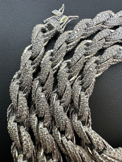 HarlemBling MOISSANITE Iced 7.5mm Rope Chain Necklace Real 925 Silver Men's Hip Hop 16-28"