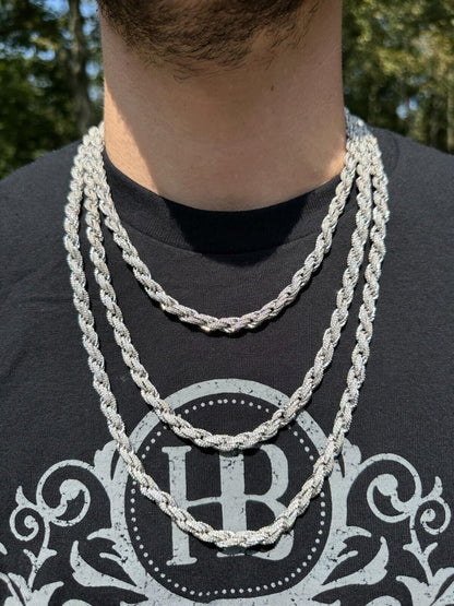 HarlemBling MOISSANITE Iced 7.5mm Rope Chain Necklace Real 925 Silver Men's Hip Hop 16-28"