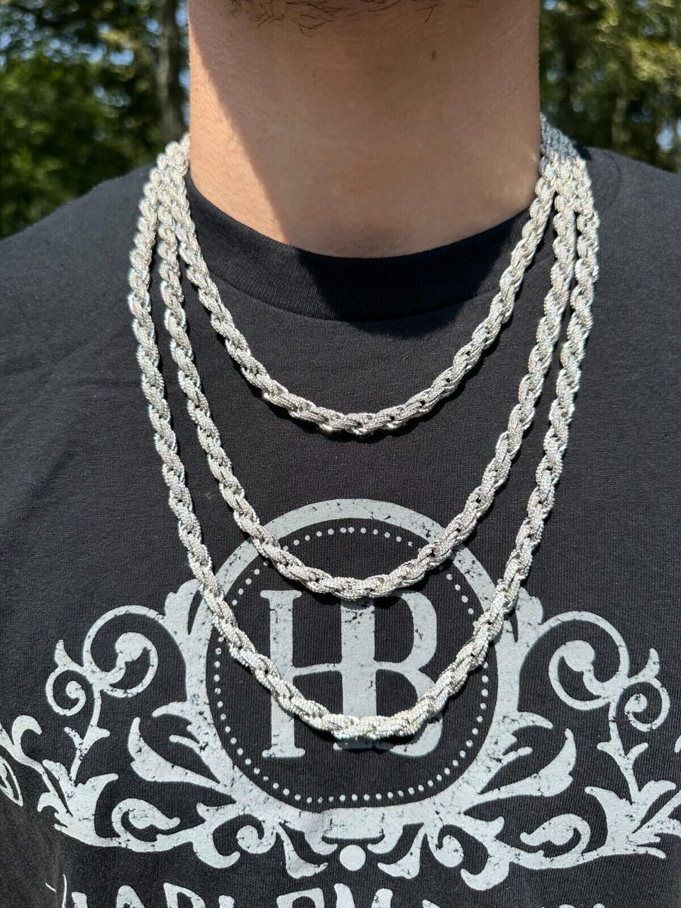 HarlemBling MOISSANITE Iced 7.5mm Rope Chain Necklace Real 925 Silver Men's Hip Hop 16-28"