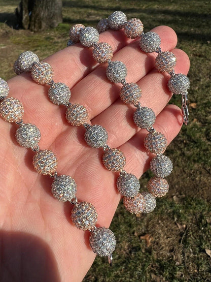 HarlemBling Moissanite Iced 925 Silver & Rose Gold Ball Disco Chain Necklace Diamond Test 