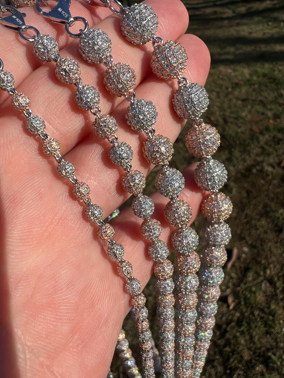 HarlemBling Moissanite Iced 925 Silver & Rose Gold Ball Disco Chain Necklace Diamond Test 