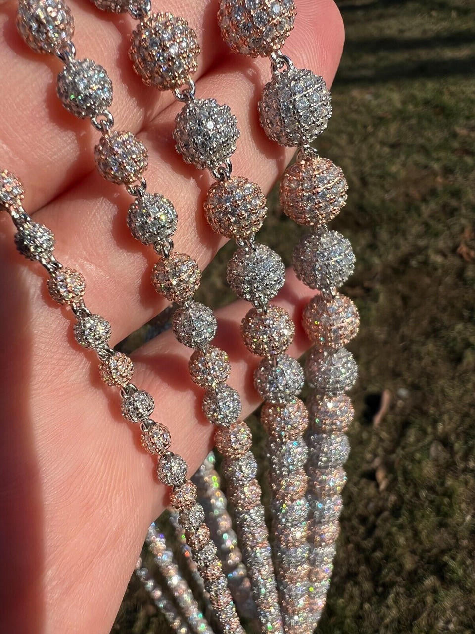 HarlemBling Moissanite Iced 925 Silver & Rose Gold Ball Disco Chain Necklace Diamond Test 