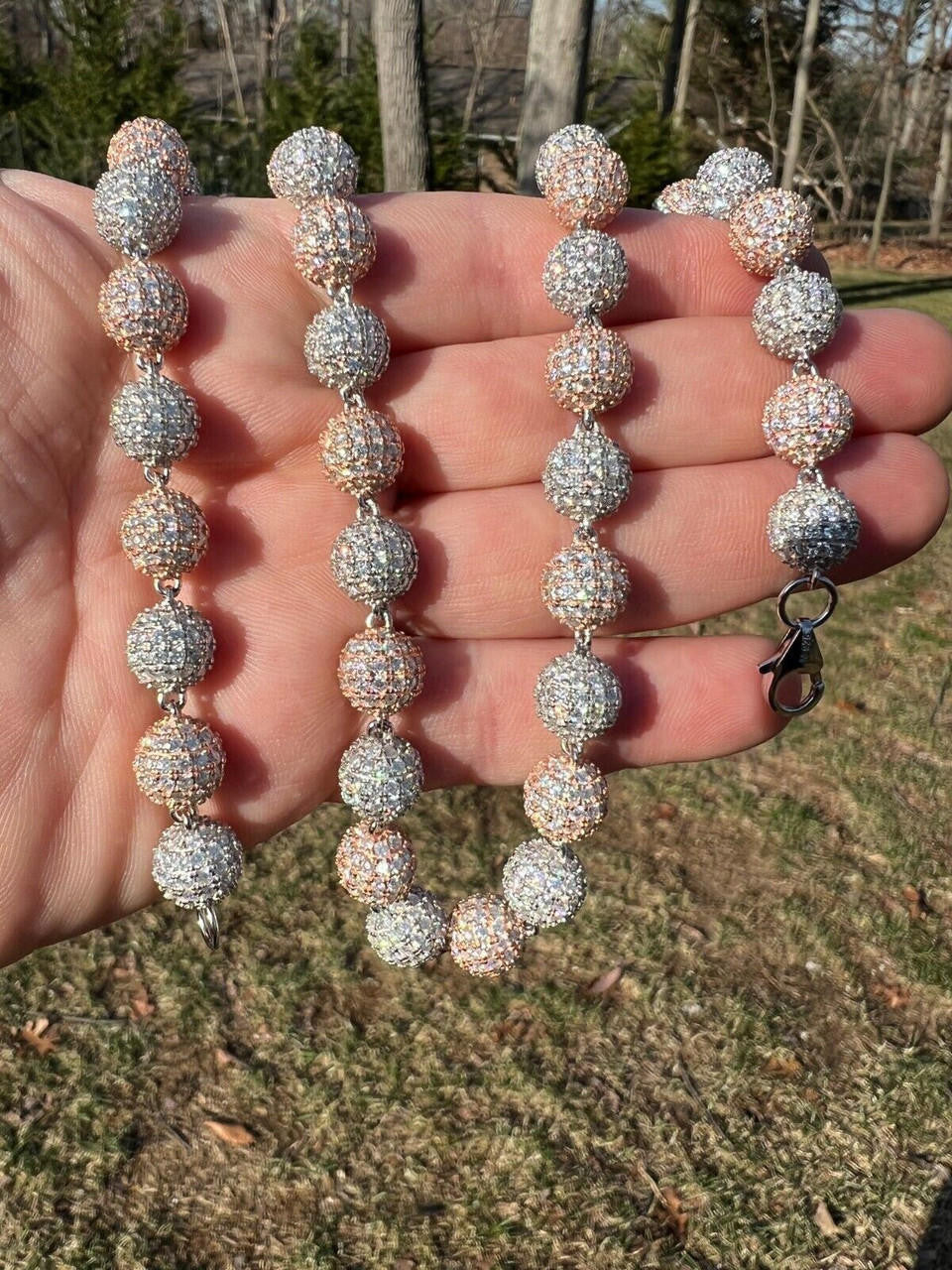 HarlemBling Moissanite Iced 925 Silver & Rose Gold Ball Disco Chain Necklace Diamond Test 