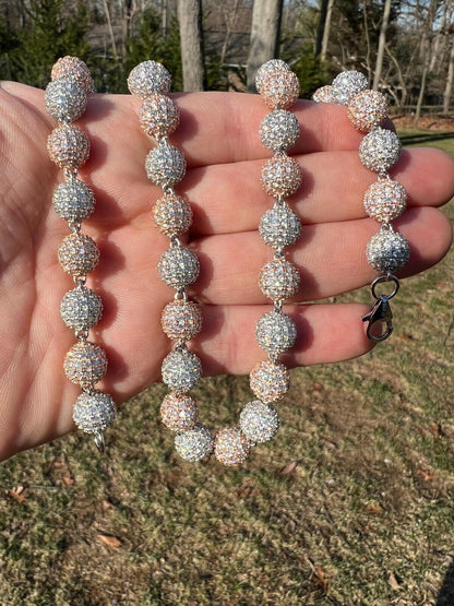 HarlemBling Moissanite Iced 925 Silver & Rose Gold Ball Disco Chain Necklace Diamond Test 