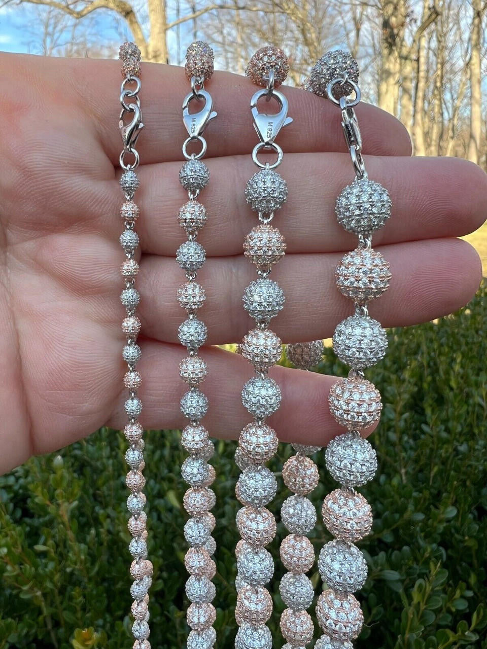 HarlemBling Moissanite Iced 925 Silver & Rose Gold Ball Disco Chain Necklace Diamond Test 