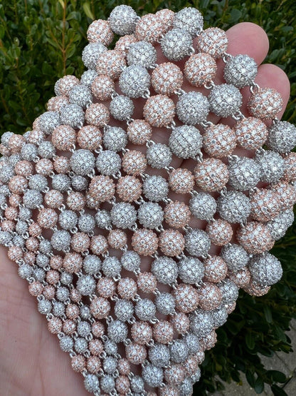 HarlemBling Moissanite Iced 925 Silver & Rose Gold Ball Disco Chain Necklace Diamond Test 