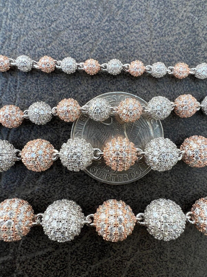 HarlemBling Moissanite Iced 925 Silver & Rose Gold Ball Disco Chain Necklace Diamond Test 