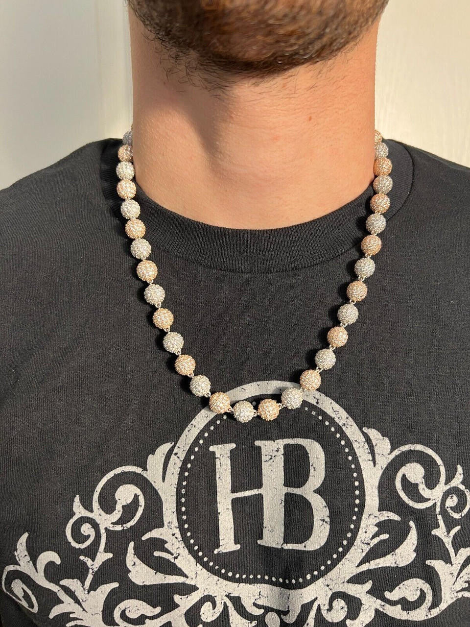 HarlemBling Moissanite Iced 925 Silver & Rose Gold Ball Disco Chain Necklace Diamond Test 