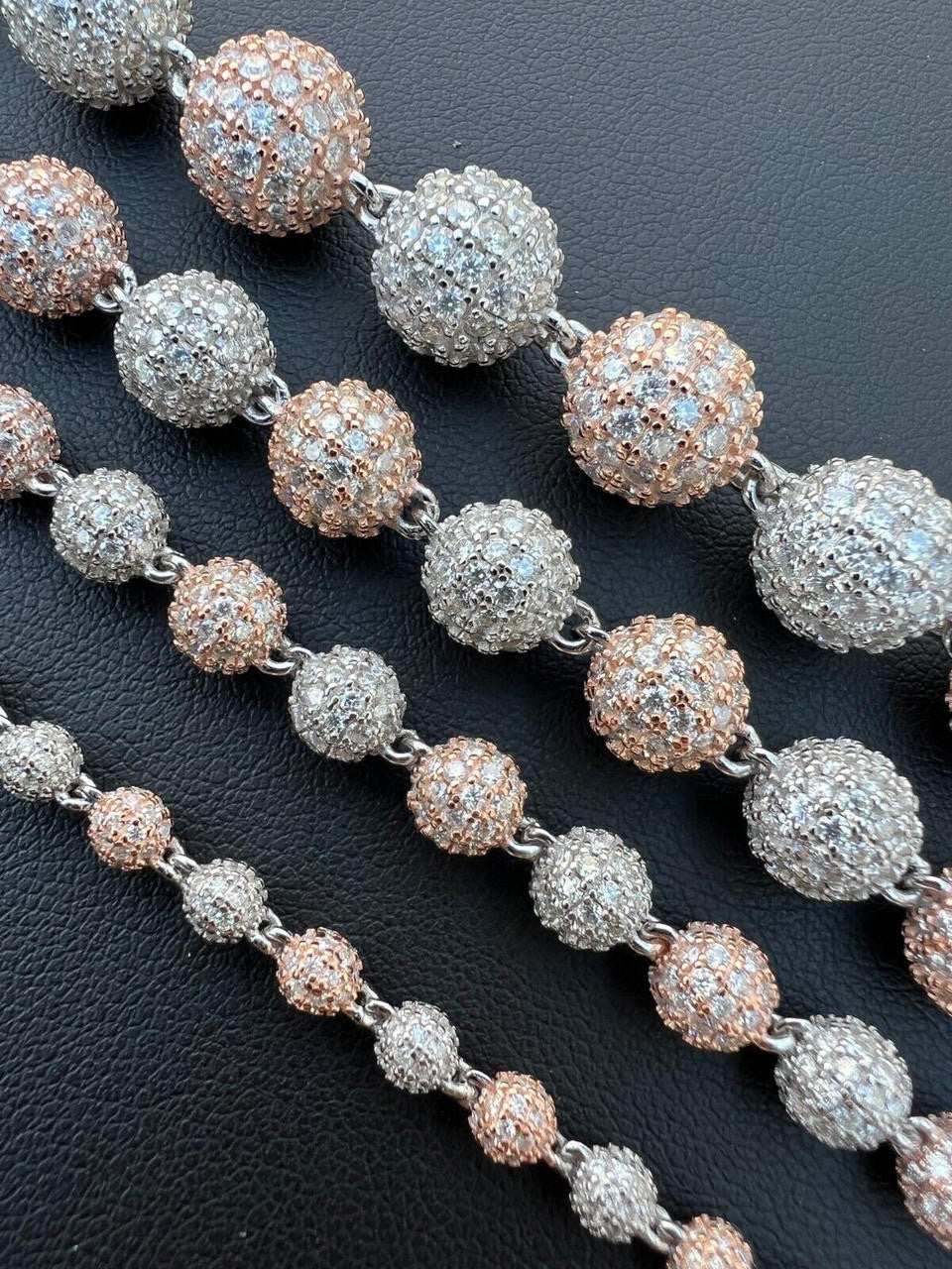 HarlemBling Moissanite Iced 925 Silver & Rose Gold Ball Disco Chain Necklace Diamond Test 