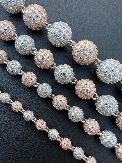 HarlemBling Moissanite Iced 925 Silver & Rose Gold Ball Disco Chain Necklace Diamond Test 