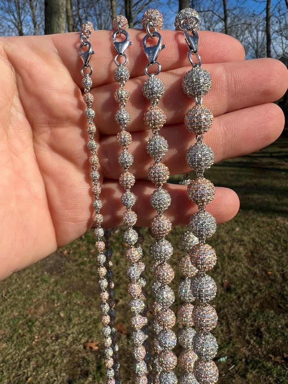 HarlemBling Moissanite Iced 925 Silver & Rose Gold Ball Disco Chain Necklace Diamond Test 