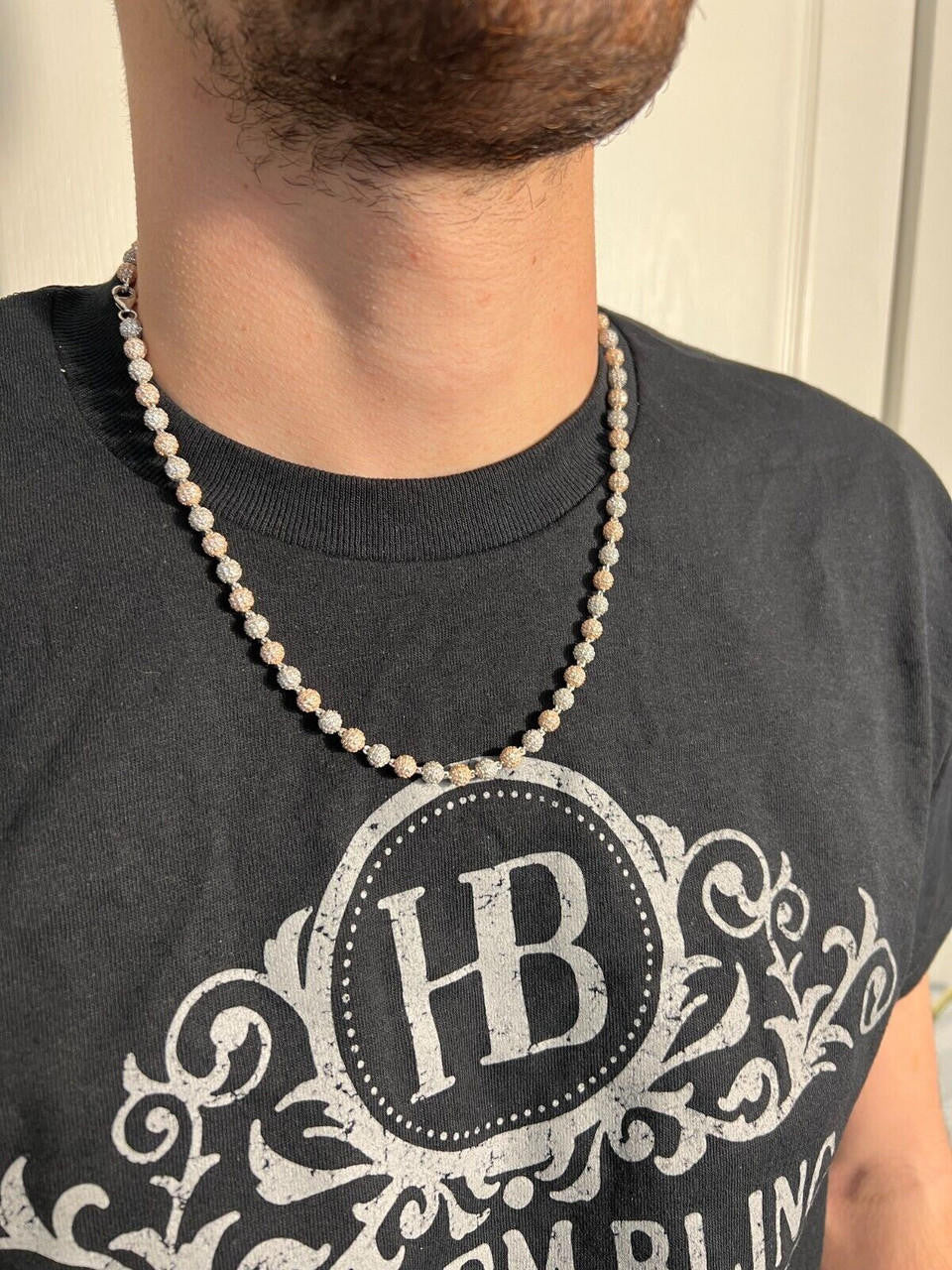 HarlemBling Moissanite Iced 925 Silver & Rose Gold Ball Disco Chain Necklace Diamond Test 