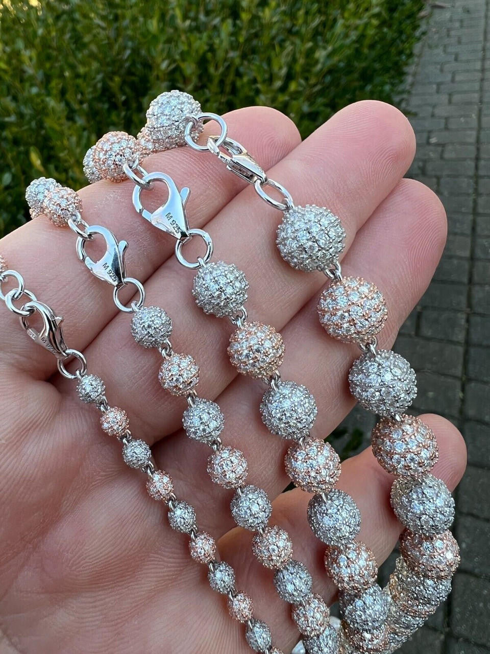 HarlemBling Moissanite Iced 925 Silver & Rose Gold Ball Disco Chain Necklace Diamond Test 