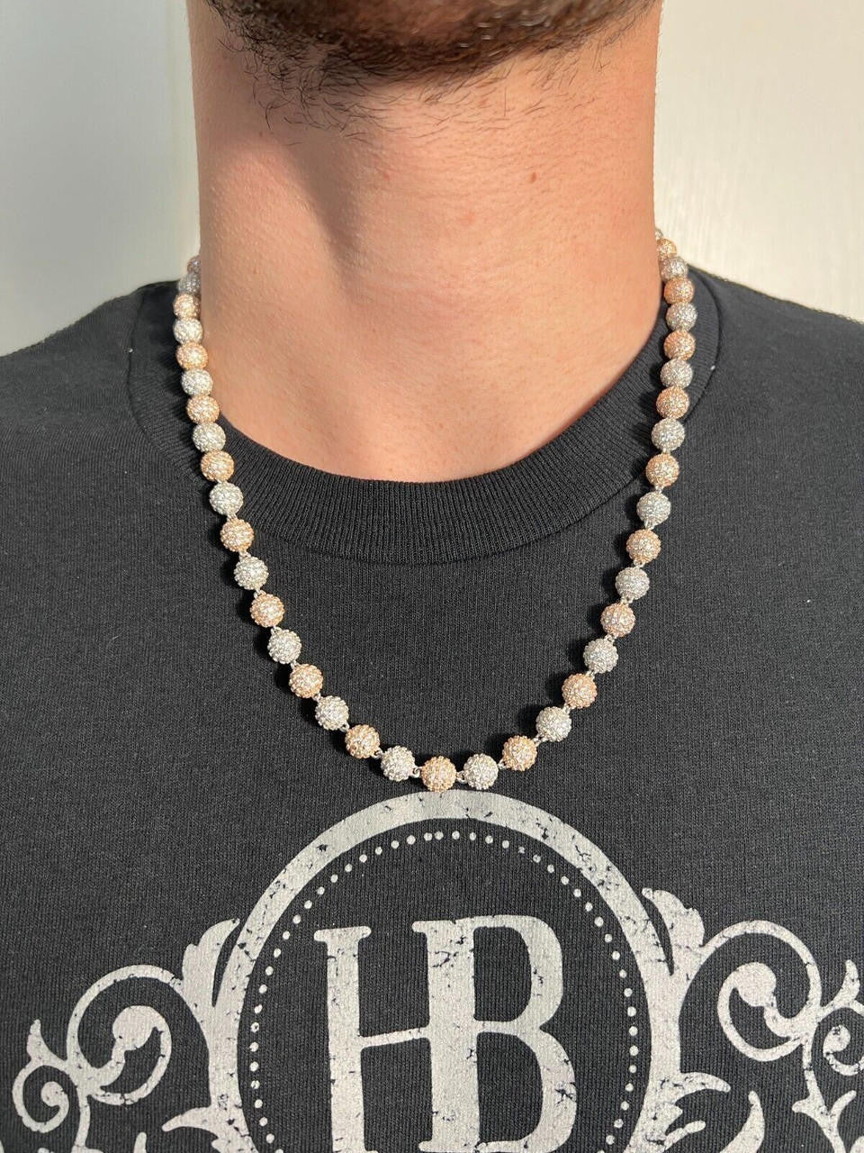 HarlemBling Moissanite Iced 925 Silver & Rose Gold Ball Disco Chain Necklace Diamond Test 
