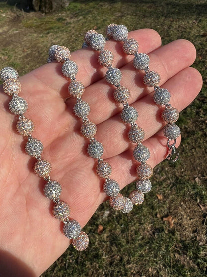 HarlemBling Moissanite Iced 925 Silver & Rose Gold Ball Disco Chain Necklace Diamond Test 