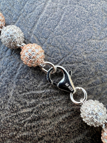 HarlemBling Moissanite Iced 925 Silver & Rose Gold Ball Disco Chain Necklace Diamond Test 