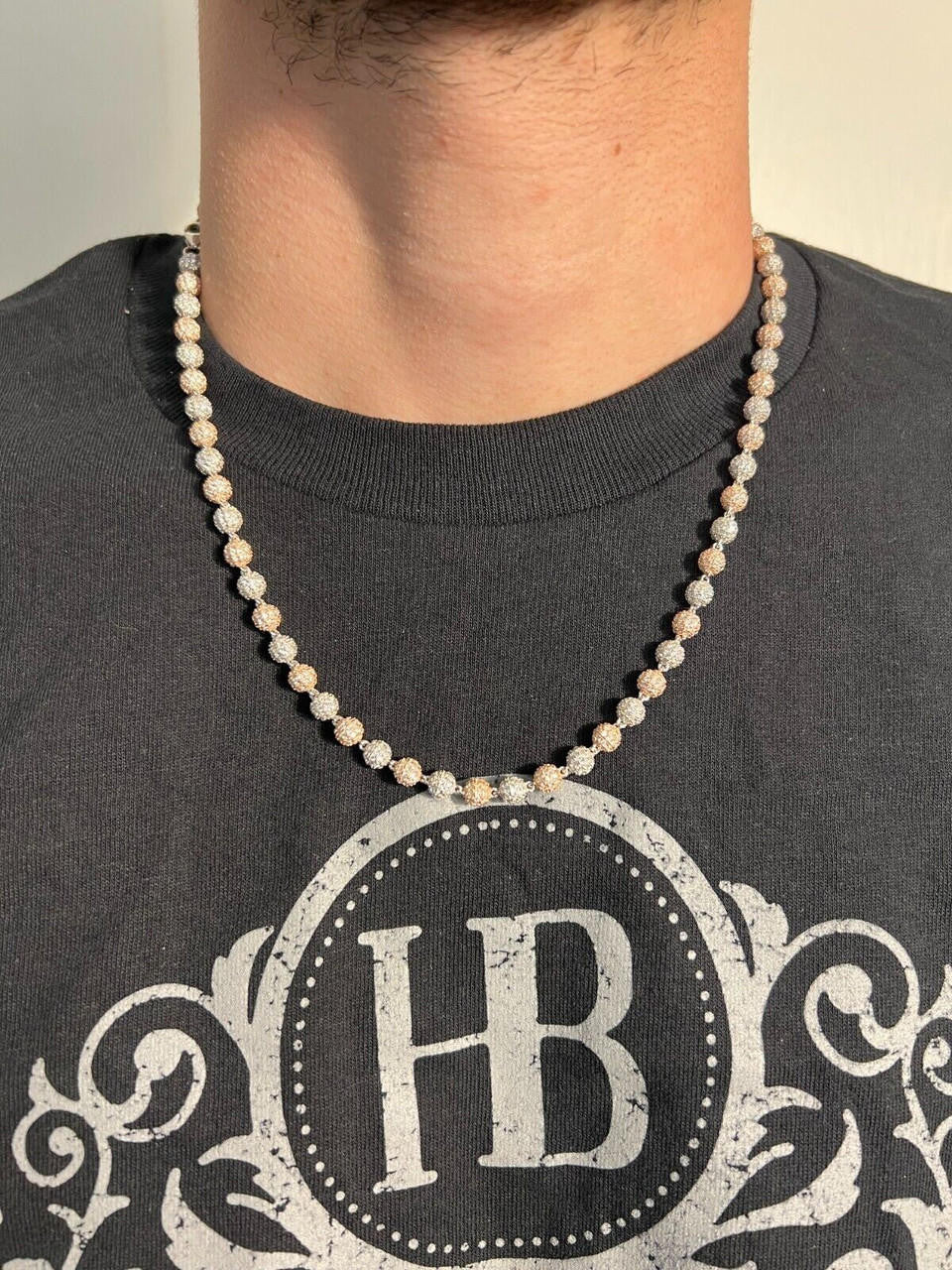 HarlemBling Moissanite Iced 925 Silver & Rose Gold Ball Disco Chain Necklace Diamond Test 