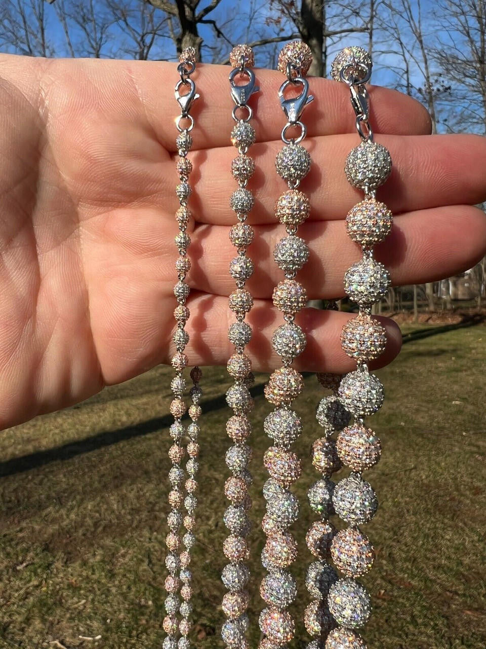 HarlemBling Moissanite Iced 925 Silver & Rose Gold Ball Disco Chain Necklace Diamond Test 