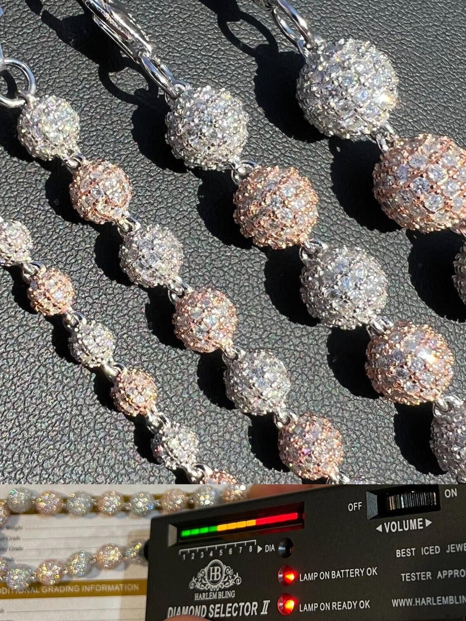 HarlemBling Moissanite Iced 925 Silver & Rose Gold Ball Disco Chain Necklace Diamond Test 