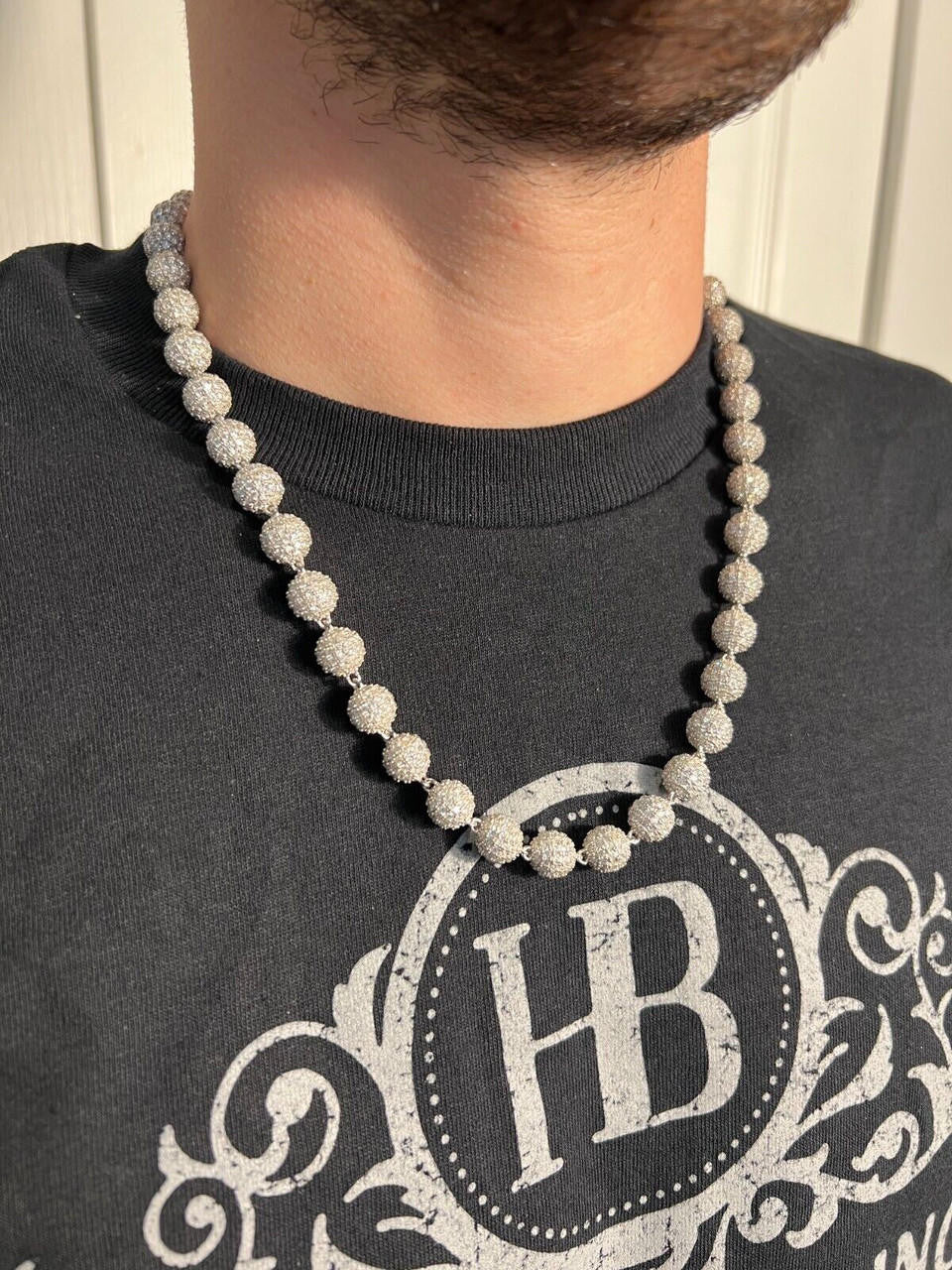 HarlemBling Moissanite Iced 925 Silver Moon Ball Disco Chain Necklace Passes Diamond Tester