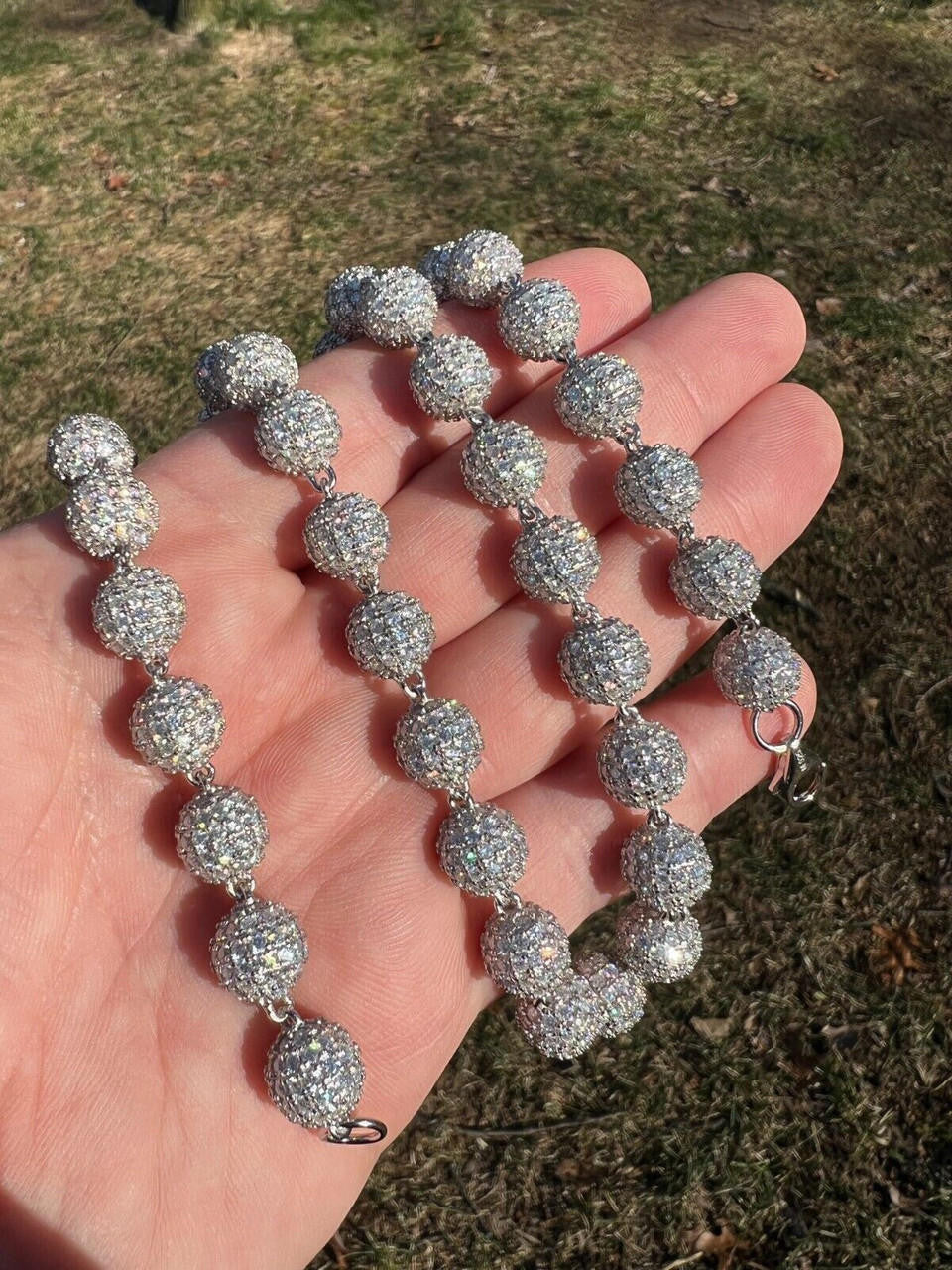 HarlemBling Moissanite Iced 925 Silver Moon Ball Disco Chain Necklace Passes Diamond Tester