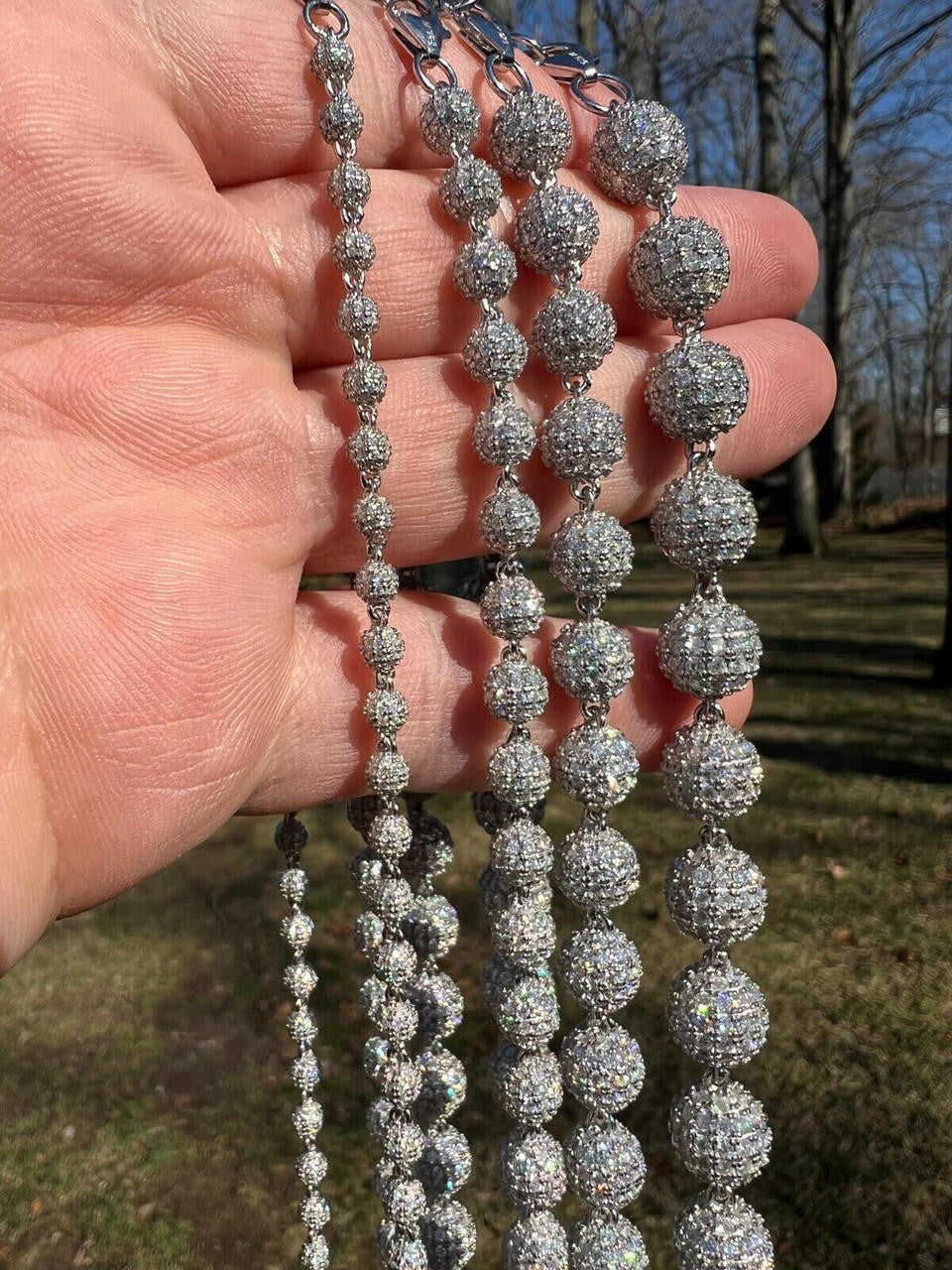 HarlemBling Moissanite Iced 925 Silver Moon Ball Disco Chain Necklace Passes Diamond Tester