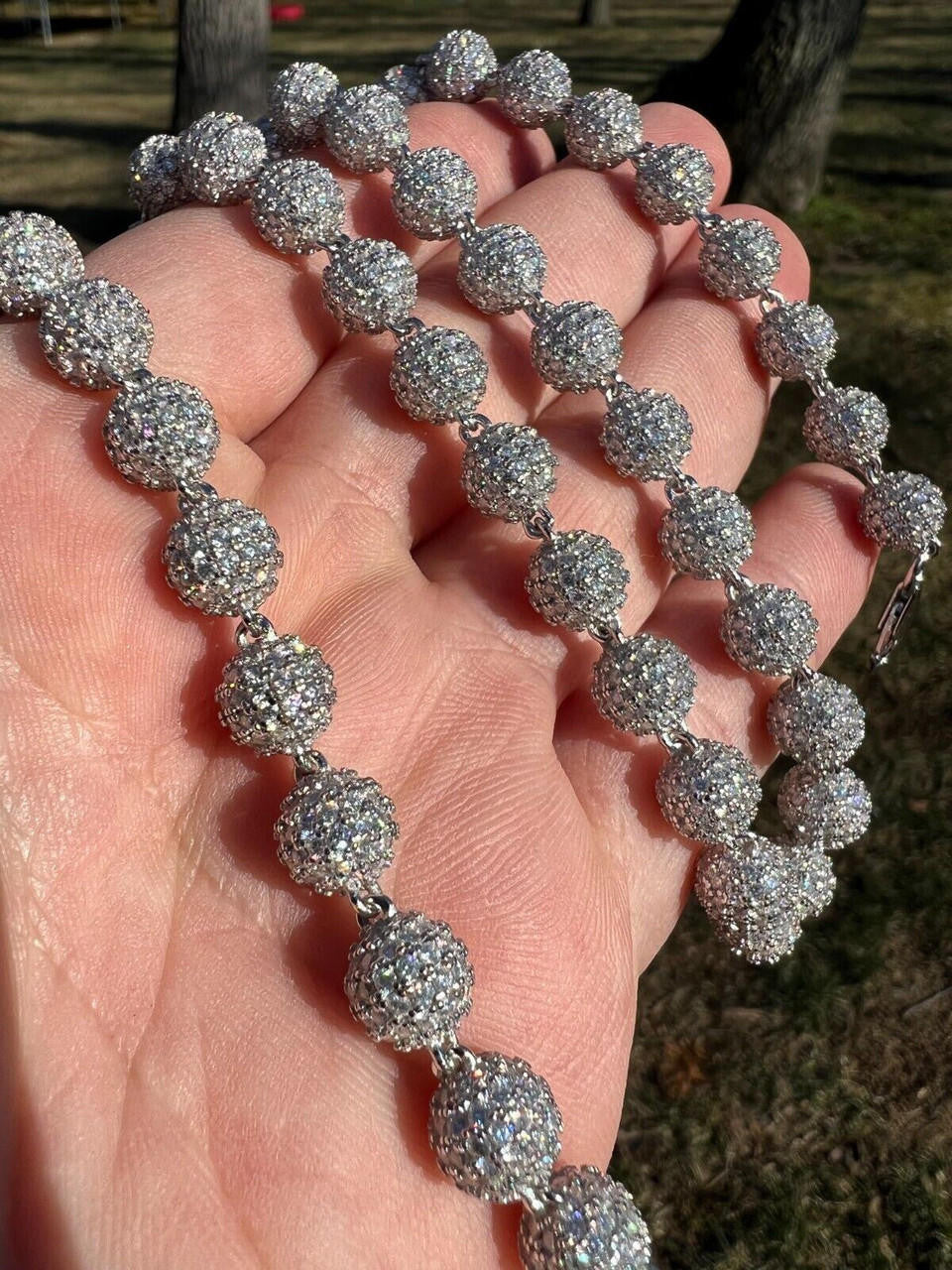 HarlemBling Moissanite Iced 925 Silver Moon Ball Disco Chain Necklace Passes Diamond Tester