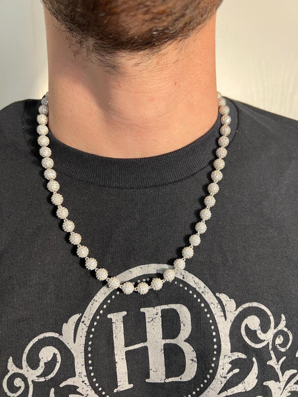 HarlemBling Moissanite Iced 925 Silver Moon Ball Disco Chain Necklace Passes Diamond Tester