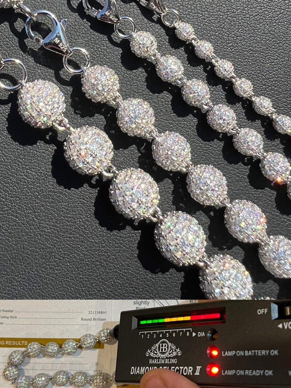 HarlemBling Moissanite Iced 925 Silver Moon Ball Disco Chain Necklace Passes Diamond Tester