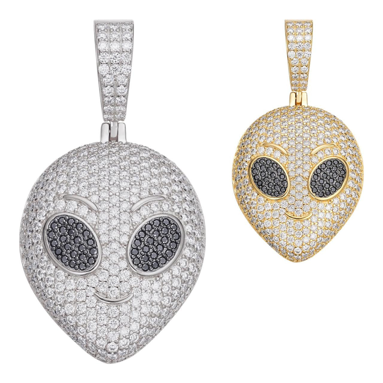HarlemBling MOISSANITE Iced Alien Head UFO Emoji Pendant - 14k Gold Vermeil Or 925 Silver - Medium 2"