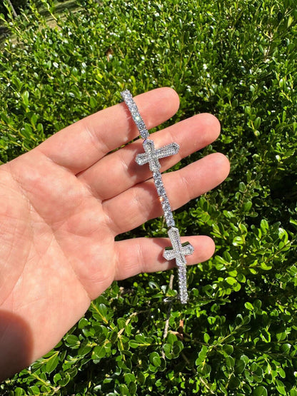 HarlemBling Moissanite Iced Cross Shape Tennis Bracelet Mens Ladies Hip Hop Real 925 Silver