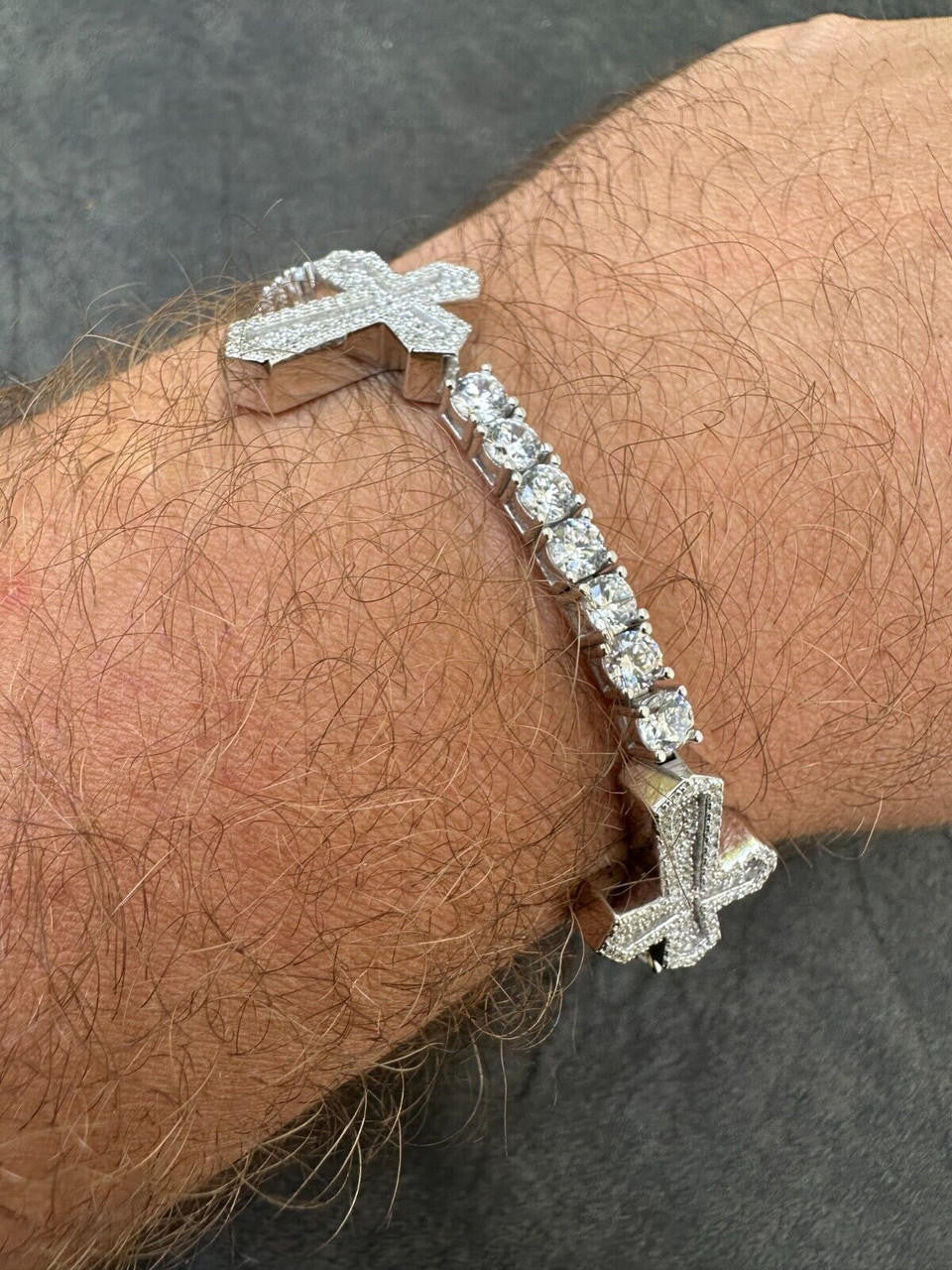 HarlemBling Moissanite Iced Cross Shape Tennis Bracelet Mens Ladies Hip Hop Real 925 Silver